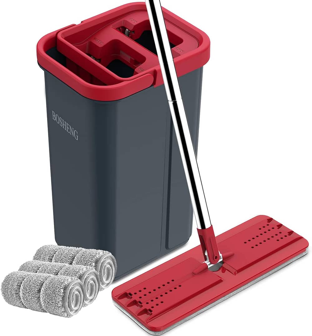 Compact mop and bucket with wringer set, ideal for small apartment cleaning. Easy to store and maneuver in tight spaces.