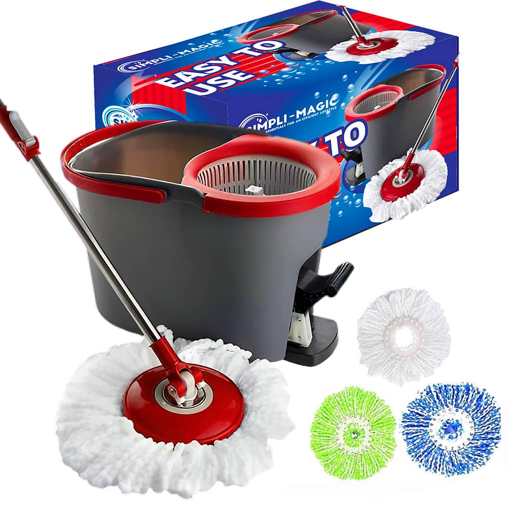 SIMPLI-MAGIC 79349 Spin Mop Cleaning System with 3 Microfiber Mop Heads