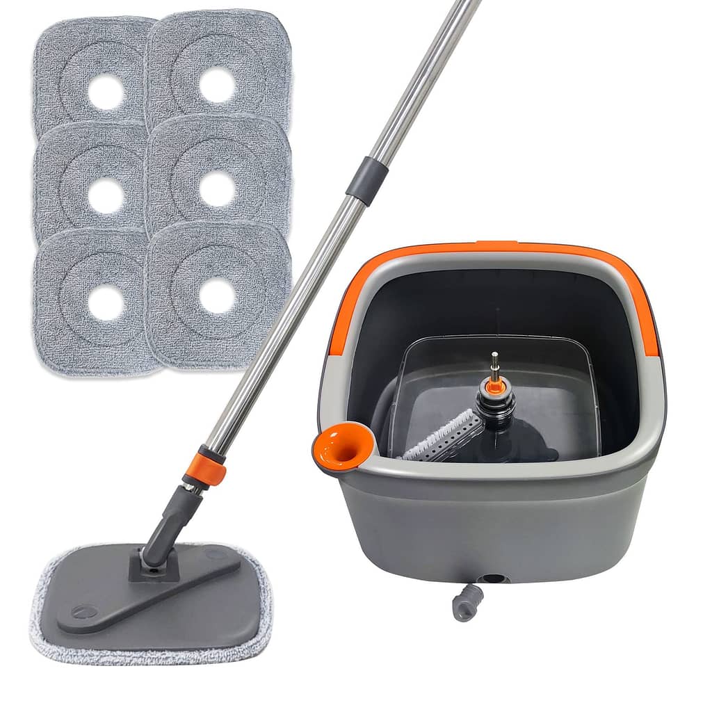 KZKR Spin Square Mop and Bucket Set M16 with 6 microfibra Replaceable Mop Pads with Self Separation Dirty and Clean Water System