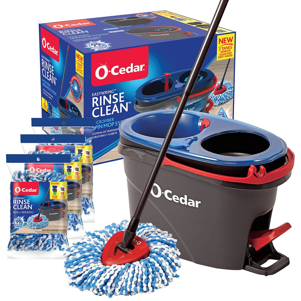 O-Cedar EasyWring RinseClean Microfiber Spin Mop & Bucket Floor Cleaning System with 3 Extra Refills