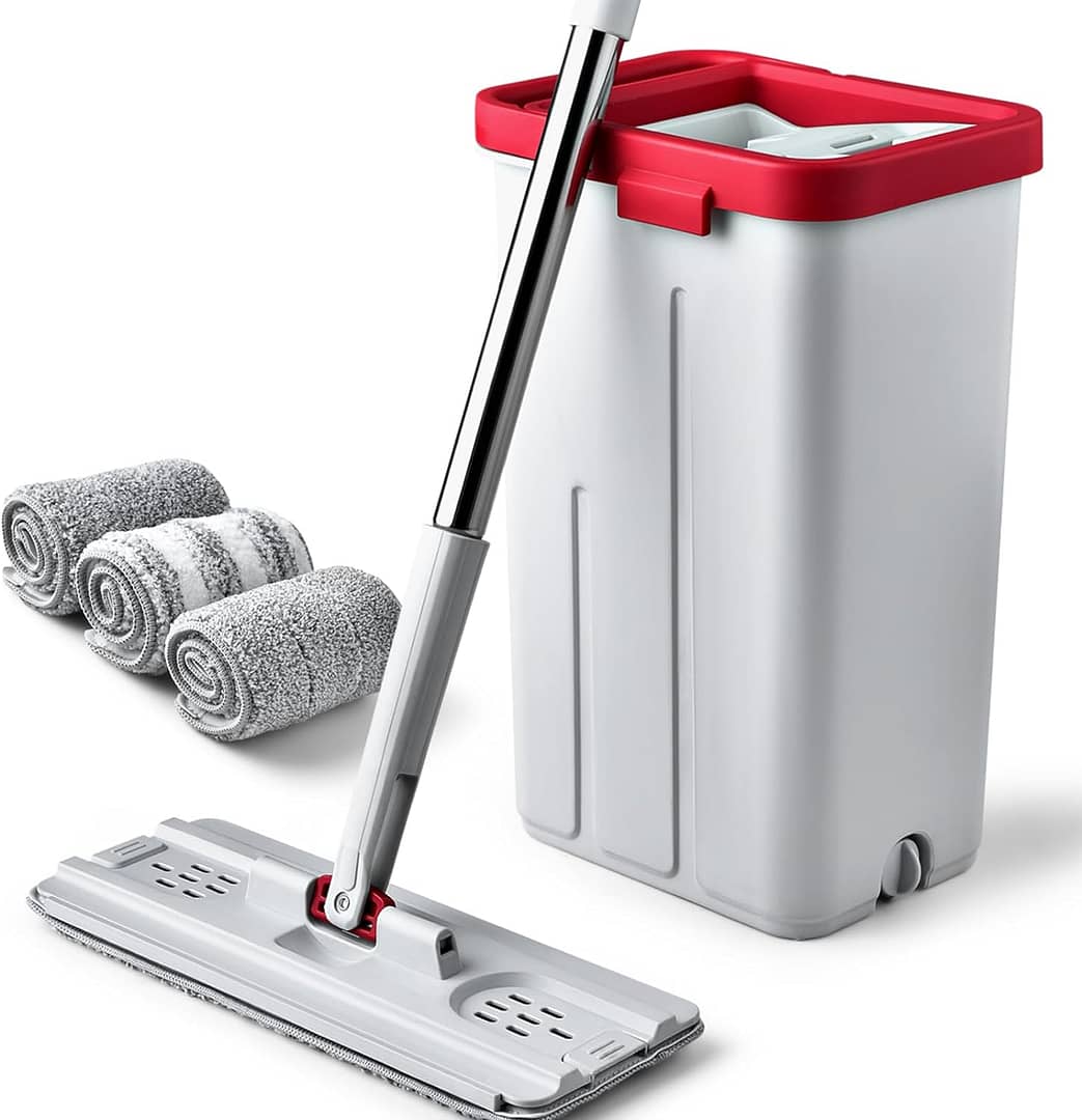 Microfiber mop and bucket with wringer set for gentle yet effective floor care. Picks up dust, dirt, and spills without scratching surfaces.