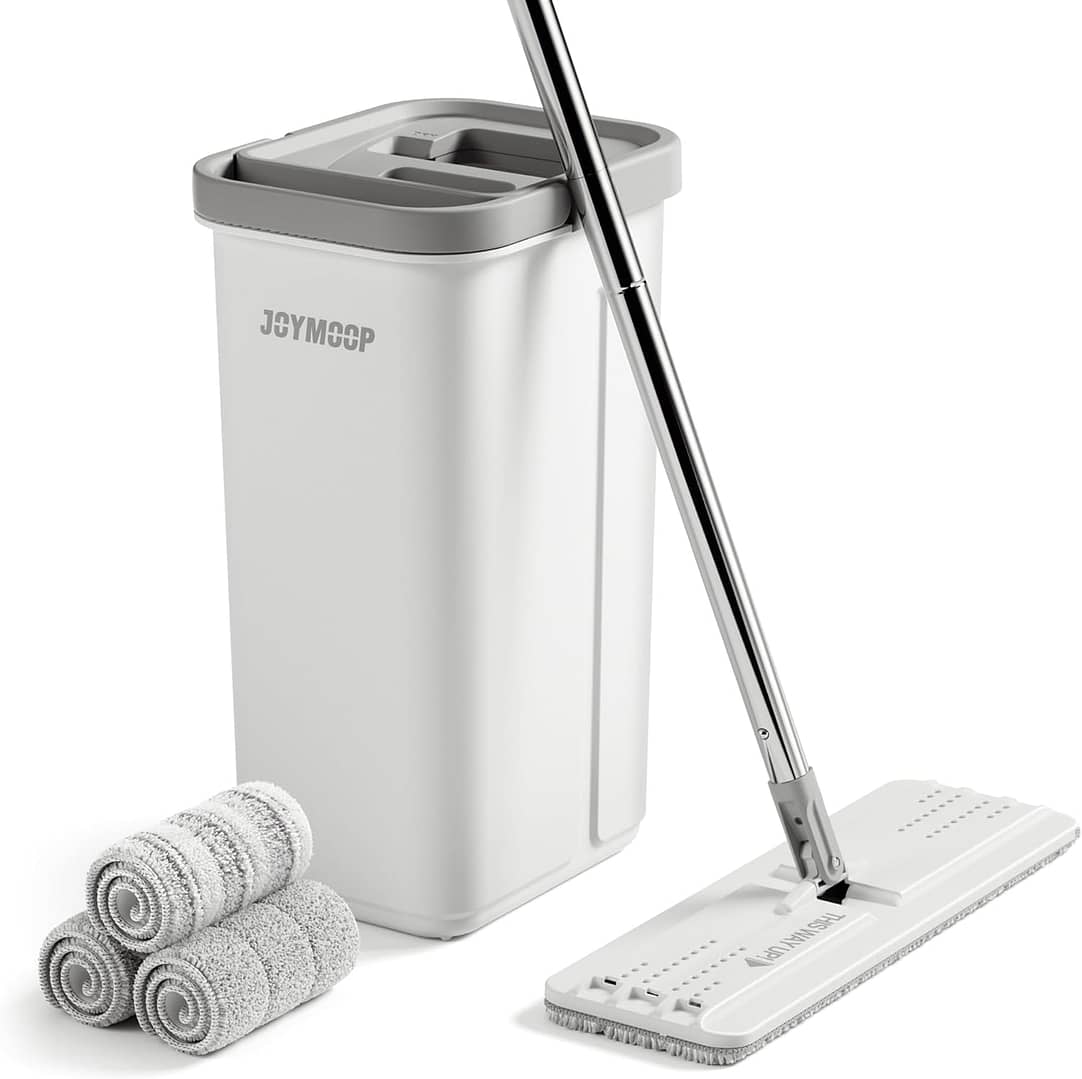Durable mop and bucket with wringer set for professional cleaning. Efficiently cleans large areas in offices, restaurants, and schools.